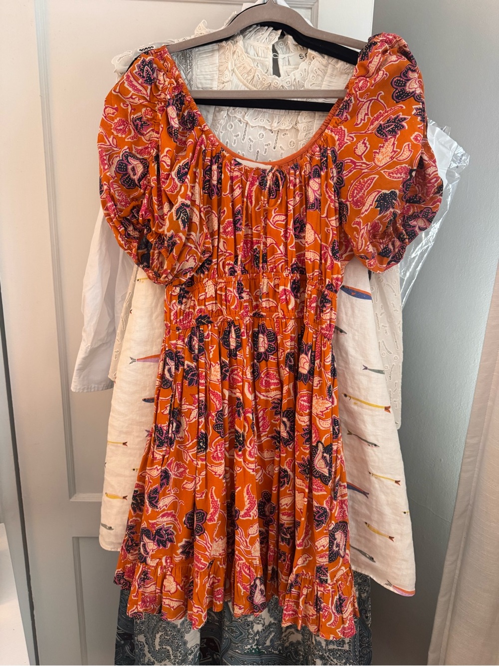 Cleobella Orange Floral Puff-Sleeve Mini Dress